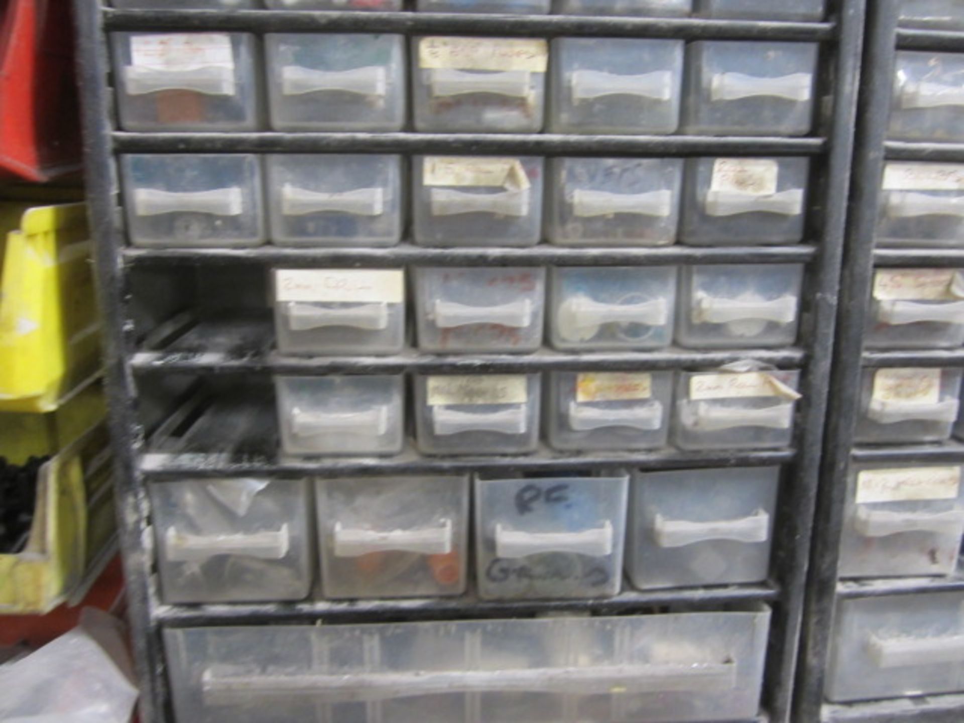 Various wall mounted storage bins, 1 x multi drawer unit with contents including screws, nuts, - Image 10 of 13