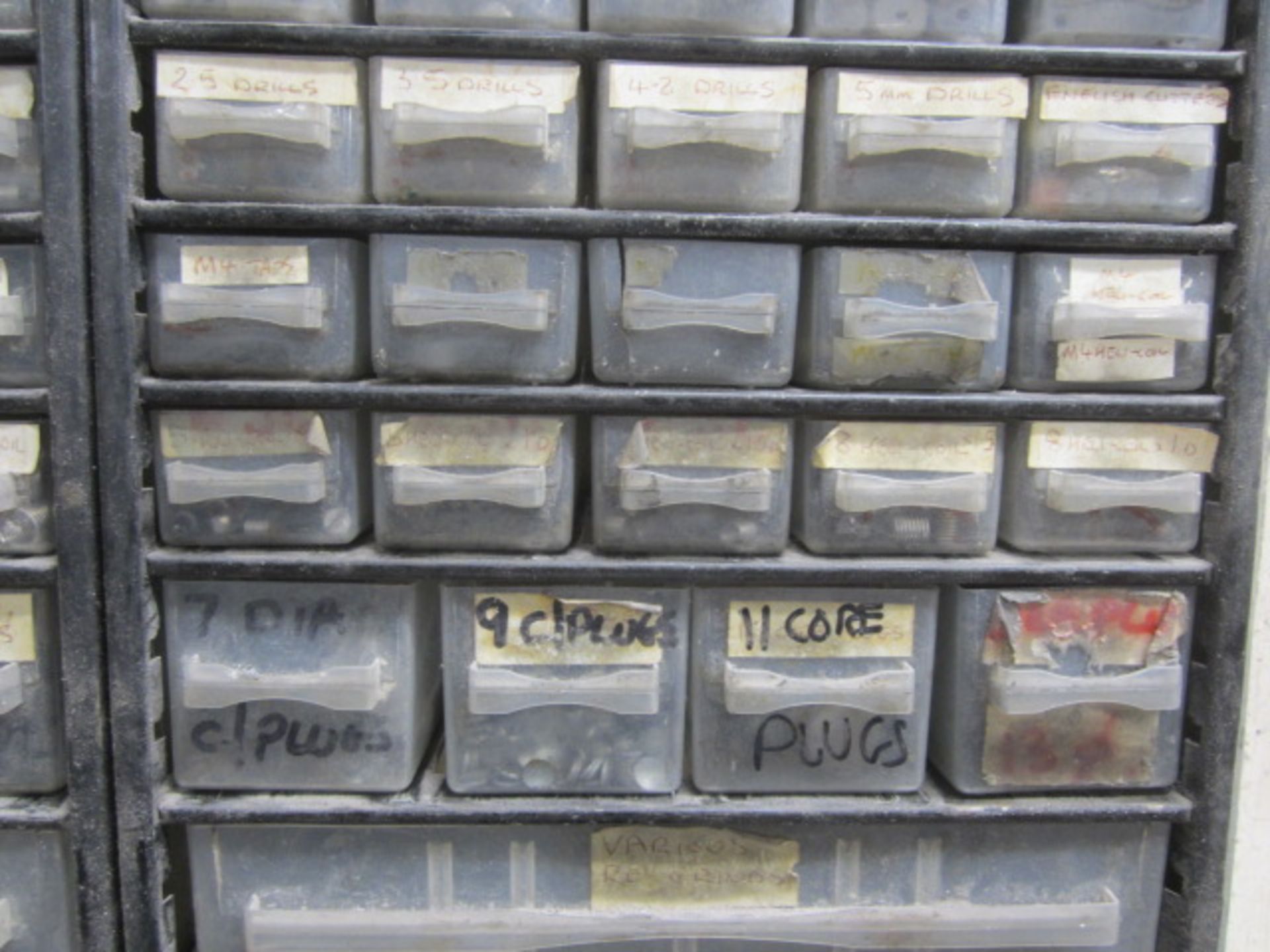 Various wall mounted storage bins, 1 x multi drawer unit with contents including screws, nuts, - Image 6 of 13