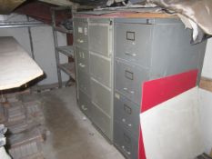 Three metal four drawer filing cabinets, 1 x bay of light duty racking, 900mm x 600mm x 1.4m Located