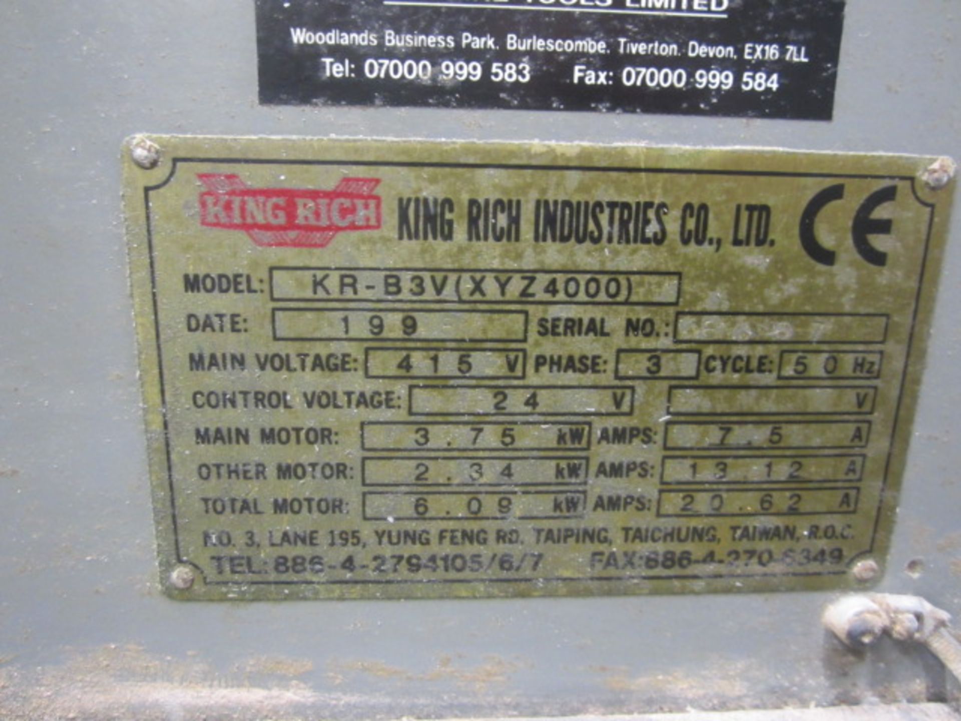 King Rich XYZ 4000 CNC turret head vertical milling machine, model KR-B3V (XYZ4000), serial no. 8667 - Image 7 of 7