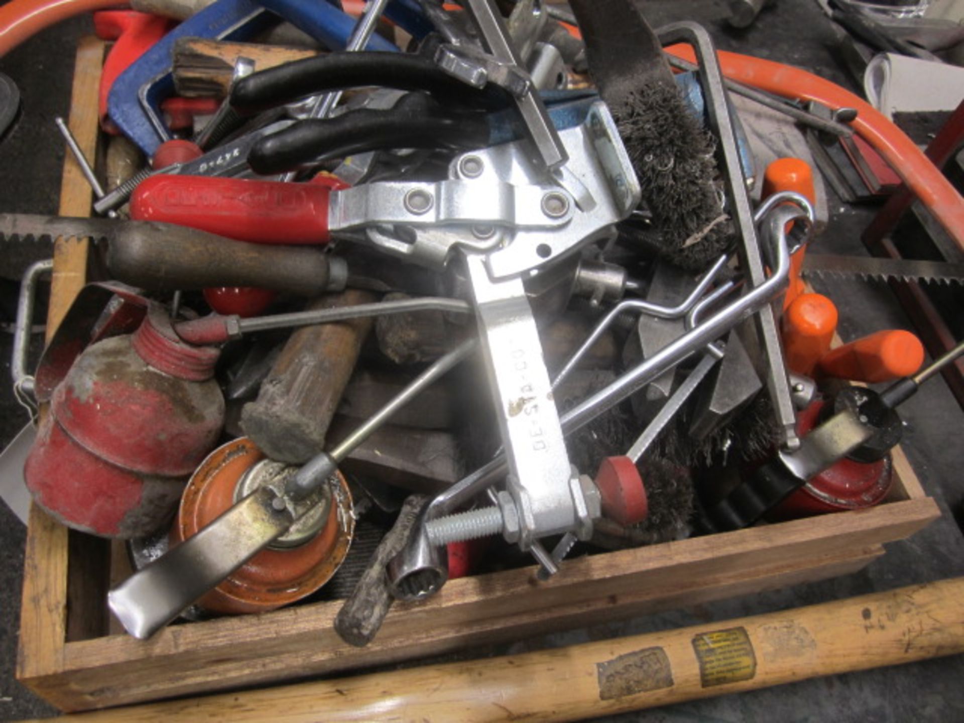 Quantity of hand tools including spanners, mallets, hacksaw, screw drivers, oil cans, sledge hammer, - Image 2 of 5