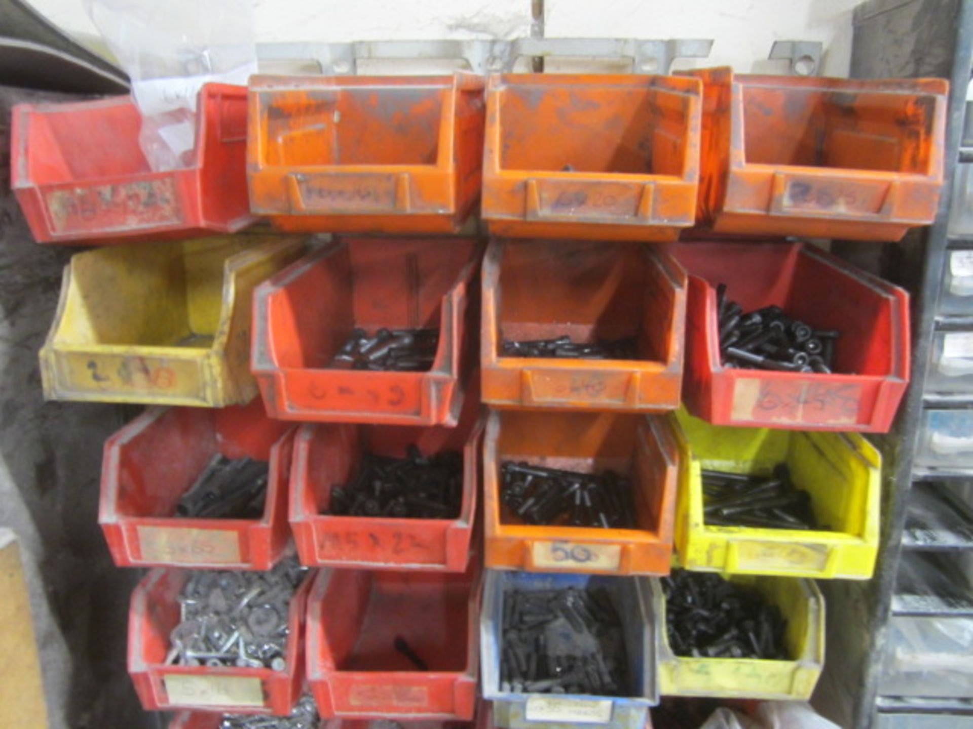 Various wall mounted storage bins, 1 x multi drawer unit with contents including screws, nuts, - Image 3 of 13