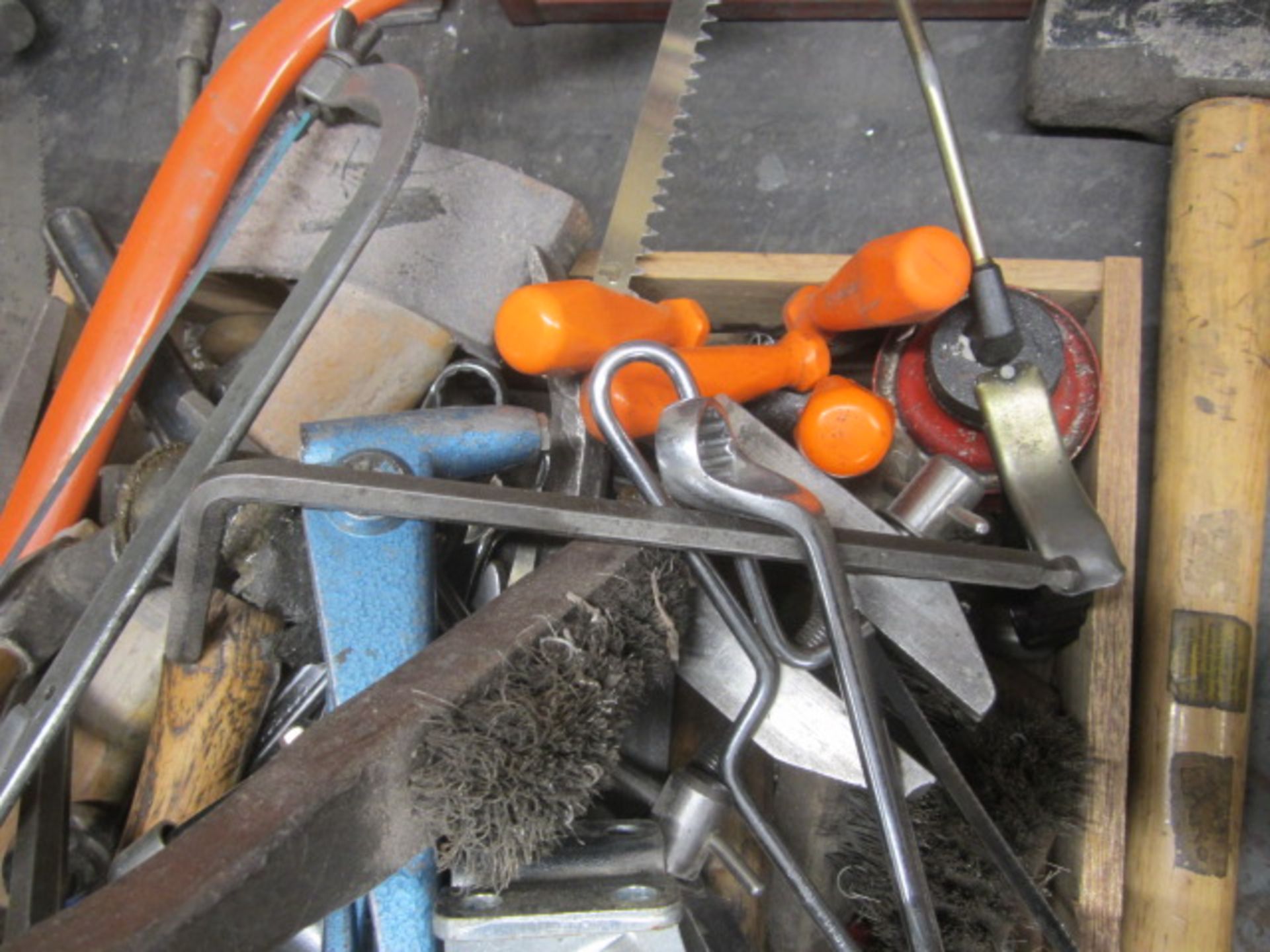 Quantity of hand tools including spanners, mallets, hacksaw, screw drivers, oil cans, sledge hammer, - Image 5 of 5