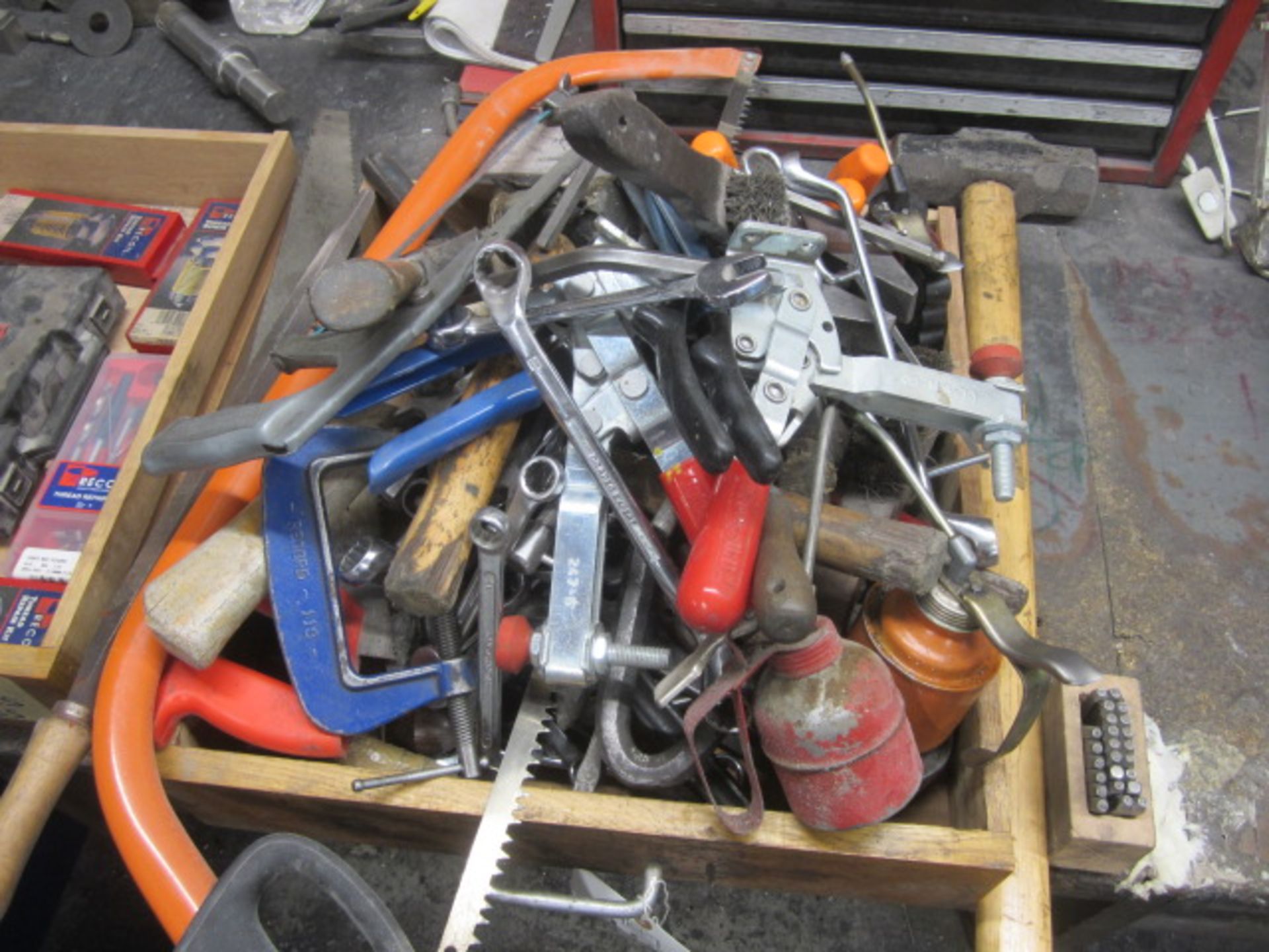 Quantity of hand tools including spanners, mallets, hacksaw, screw drivers, oil cans, sledge hammer,