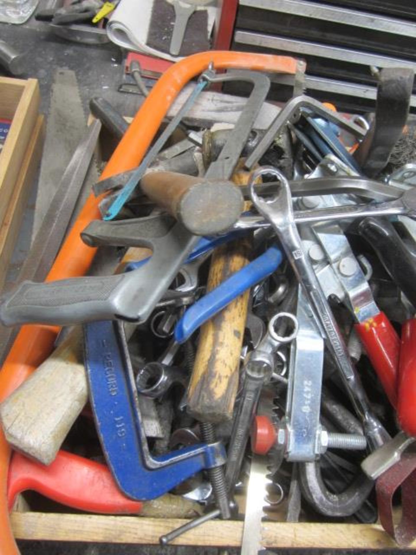 Quantity of hand tools including spanners, mallets, hacksaw, screw drivers, oil cans, sledge hammer, - Image 3 of 5