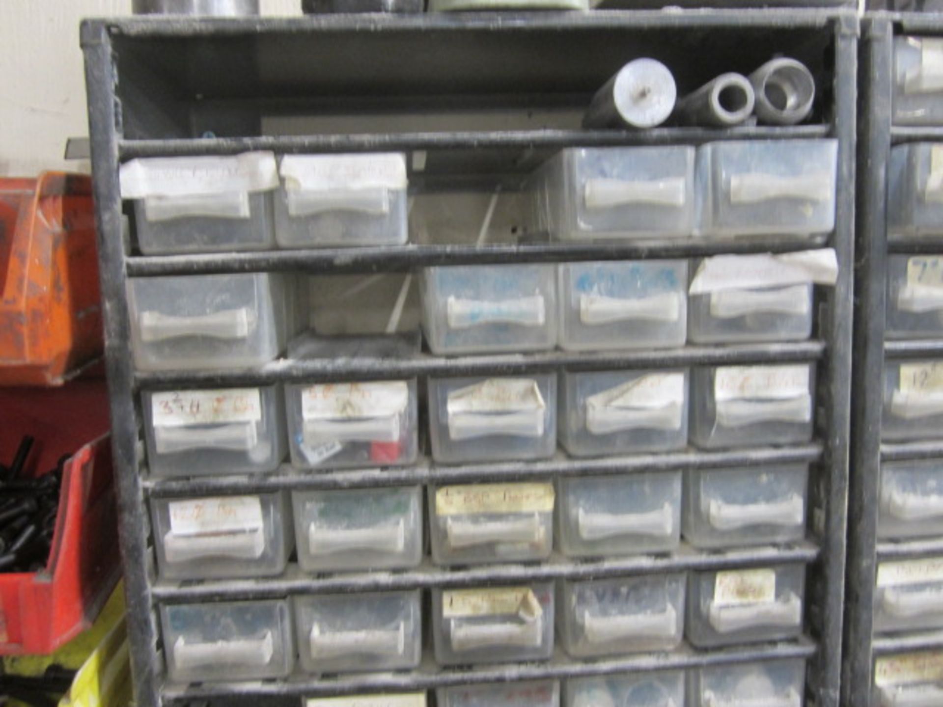 Various wall mounted storage bins, 1 x multi drawer unit with contents including screws, nuts, - Image 9 of 13