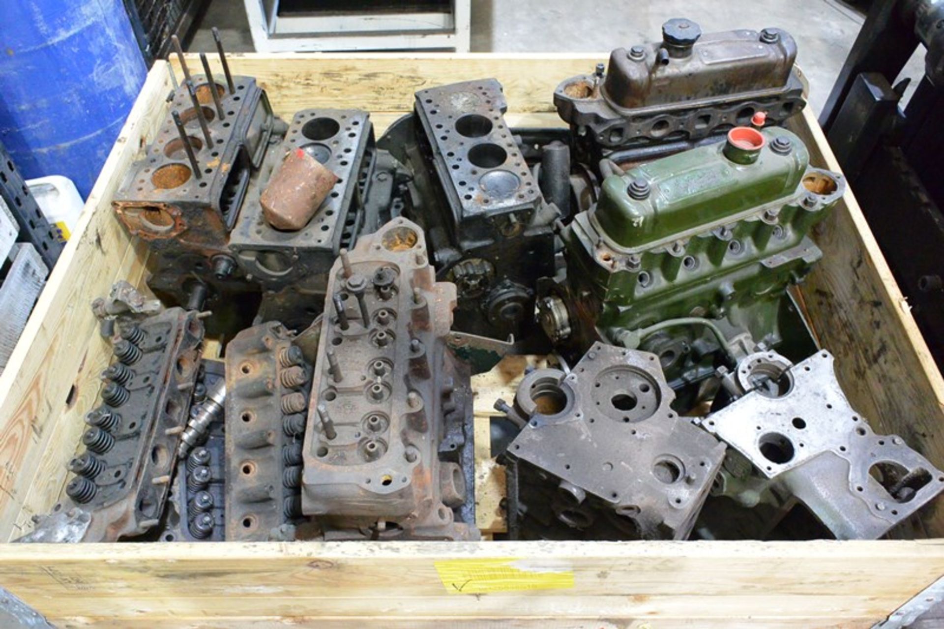 Stillage and contents including various Morris engine parts including three 1098 bottom ends, two