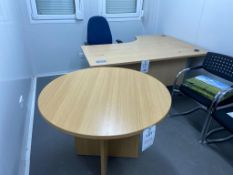 Light wood veneer desk and meeting table with a blue upholstered swivel chair