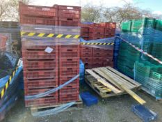 Nine pallets of brown plastic carry cases and two pallets of green crates