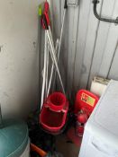 Quantity of assorted cleaning equipment, smoker's bin, 11 chairs, step ladder