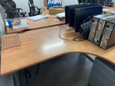 Six light wood veneer desks, five steel under desk pedestals, one bookcase and two acoustic screens