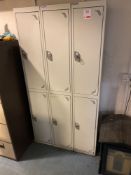 Six 2 section personal lockers and a five drawer steel filing cabinet