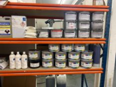 Quantity of unused print inks varnish set of spray powder and chemicals to include 13 unused inks 20
