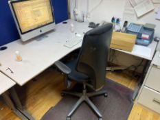 Three L-shaped grey desks complete with 3 grey straight desks