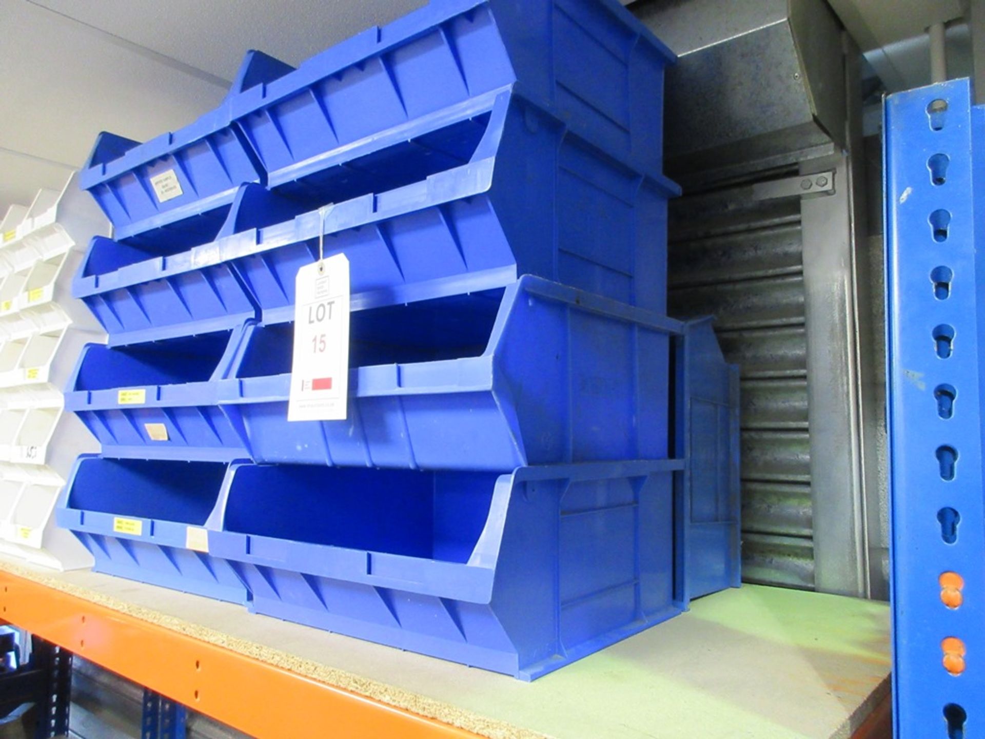 Ten plastic storage bins, 40cm x 35cm x 17cm High