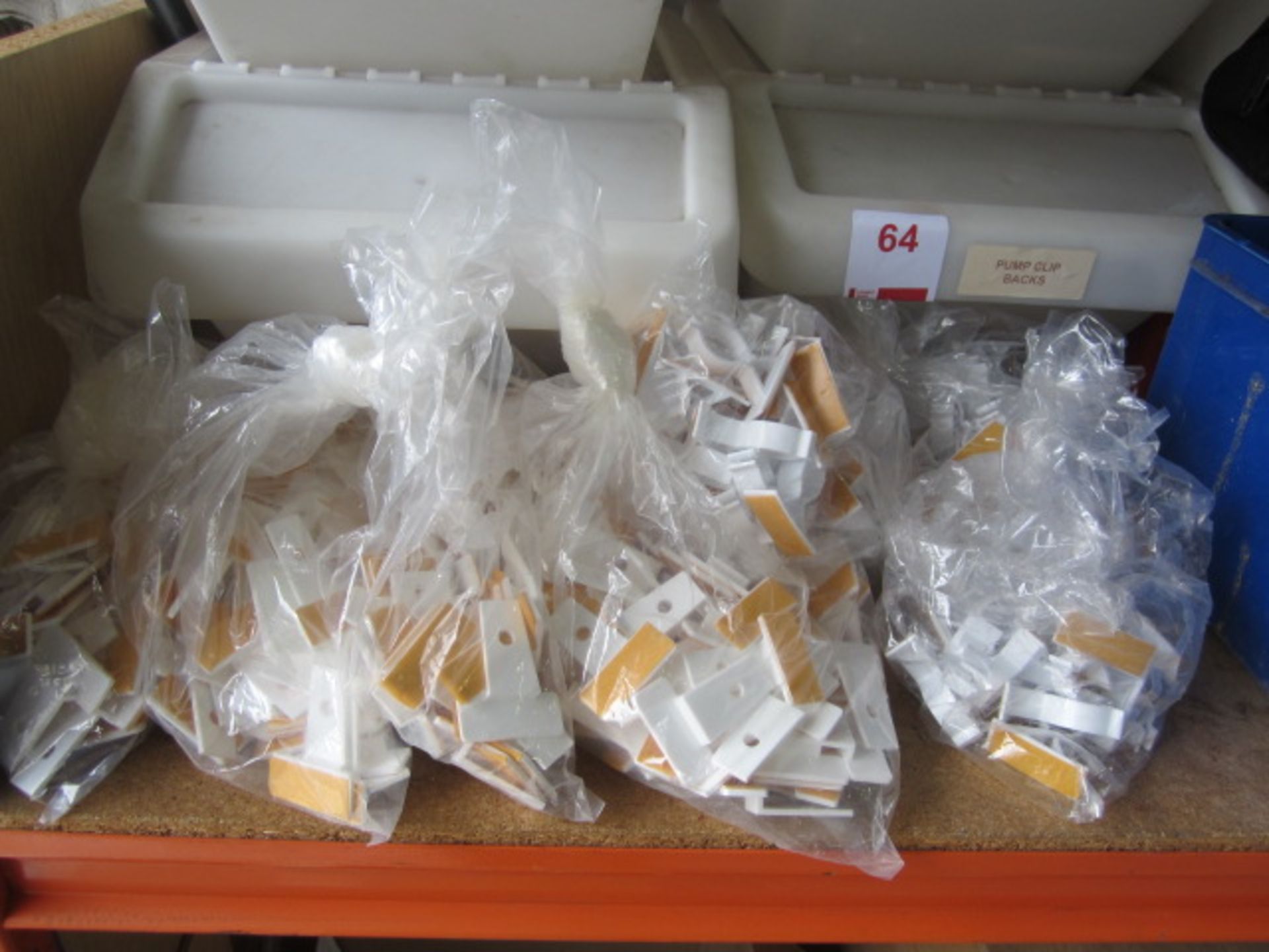 Seven plastic ingredients bins and assorted bags of pump clips - Image 2 of 4