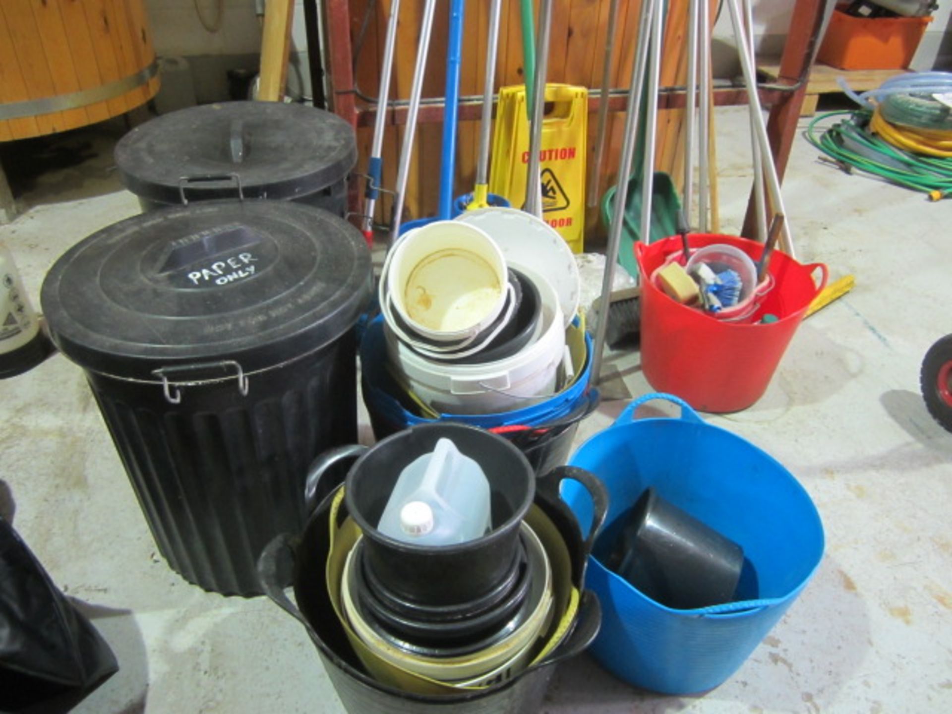 Quantity of assorted cleaning tools, to include brushes, spades, scrapers, buckets and two waste - Image 2 of 7