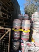 Fifty four 9 gallon mixed metal and plastic casks and seven plastic cask trays