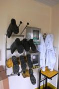 Stainless steel wall mounted boot rack, coat rack and two snood/hair net dispensers
