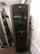 HP comms cabinet with contents of: D-Link DGS-1216T gigabit switch, Dell Poweredge R220 server, Dell