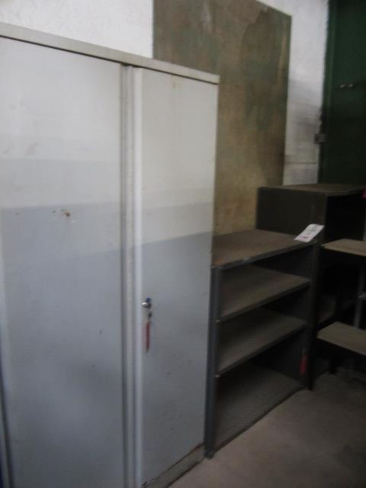 Steel frame twin door cupboard, and two 3 shelf storage racks