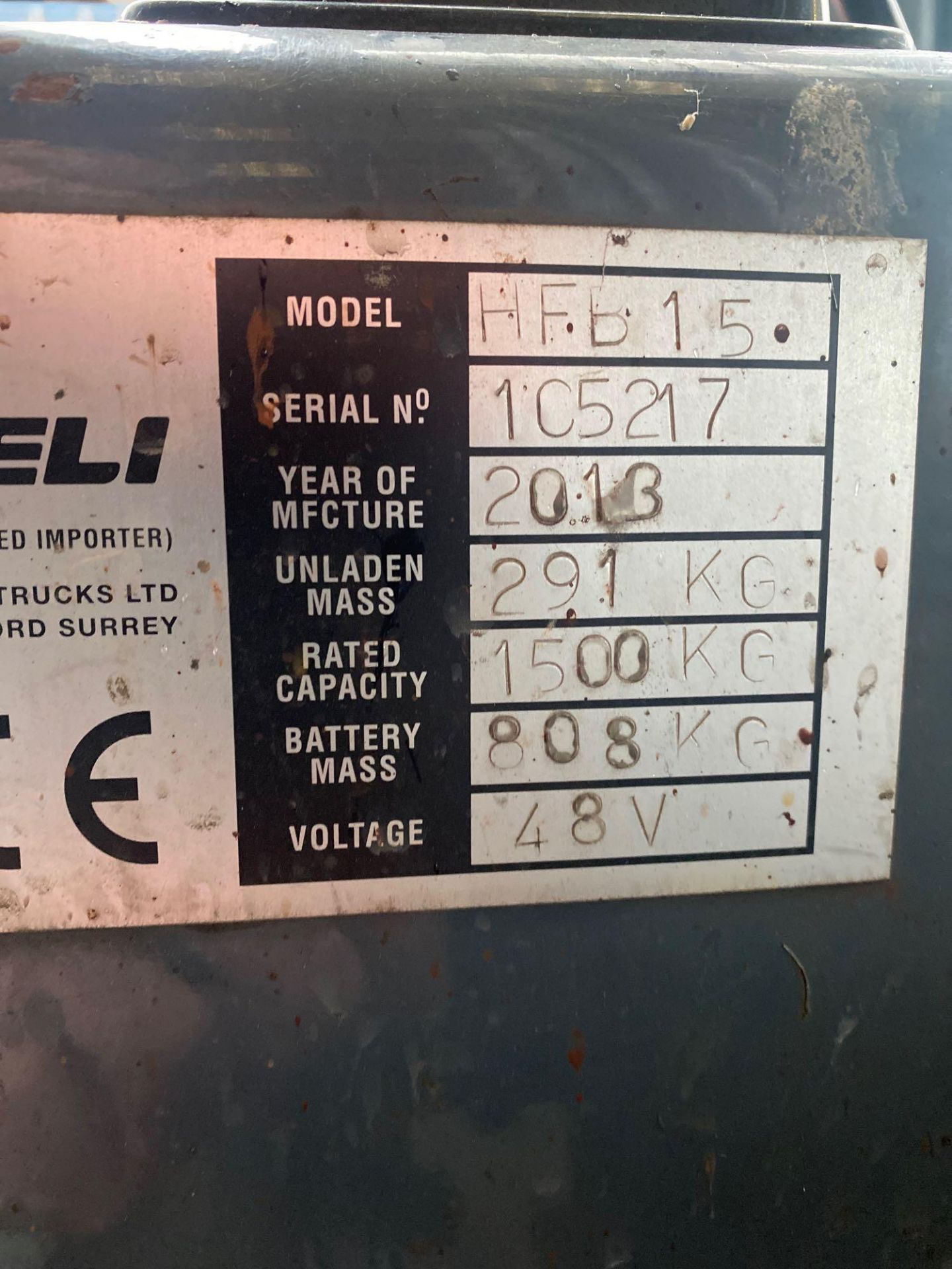 Grant handling Heli AC HFB 1.5 1500kg electric forklift truck and charger, Serial No. 105217, YOM: - Image 9 of 10