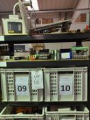 5-tier shelf unit and contents including PLC boards, relays, switches etc