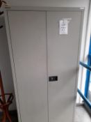 Grey steel double door 6 foot office cupboard and wooden hat and coat stand