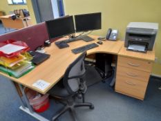 Light oak veneered L shaped desk witih matching pedestal unit, divider screen and swivel chair (NB