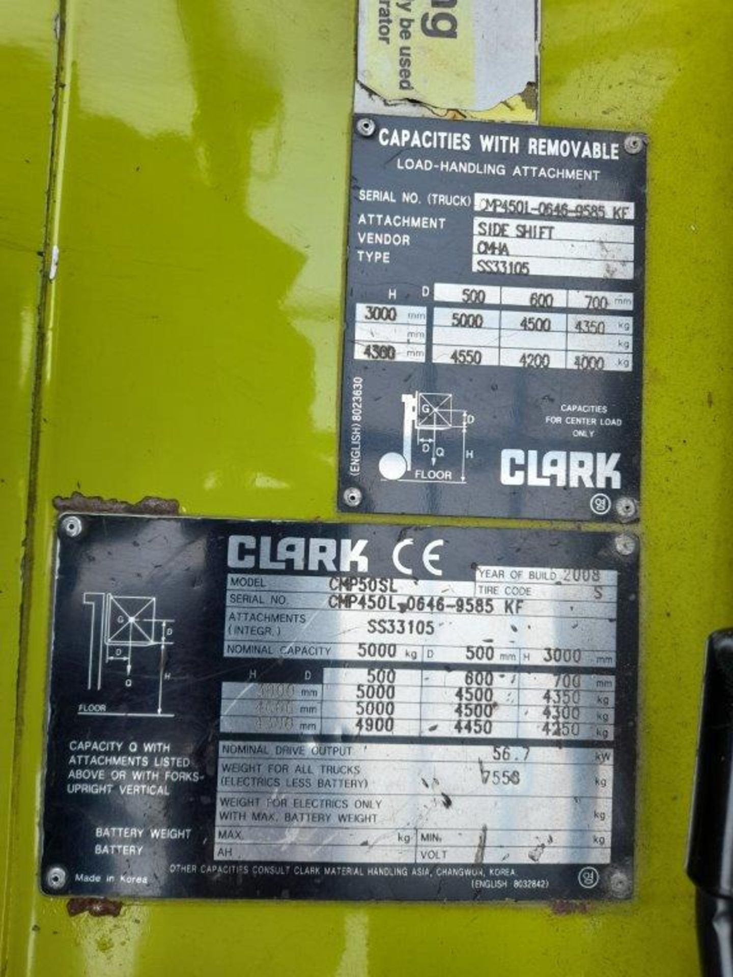 Clark CMP50SL LPG powered forklift truck, serial no. CMP 450L-0646-9585KF (2008), basic capacity - Image 7 of 9