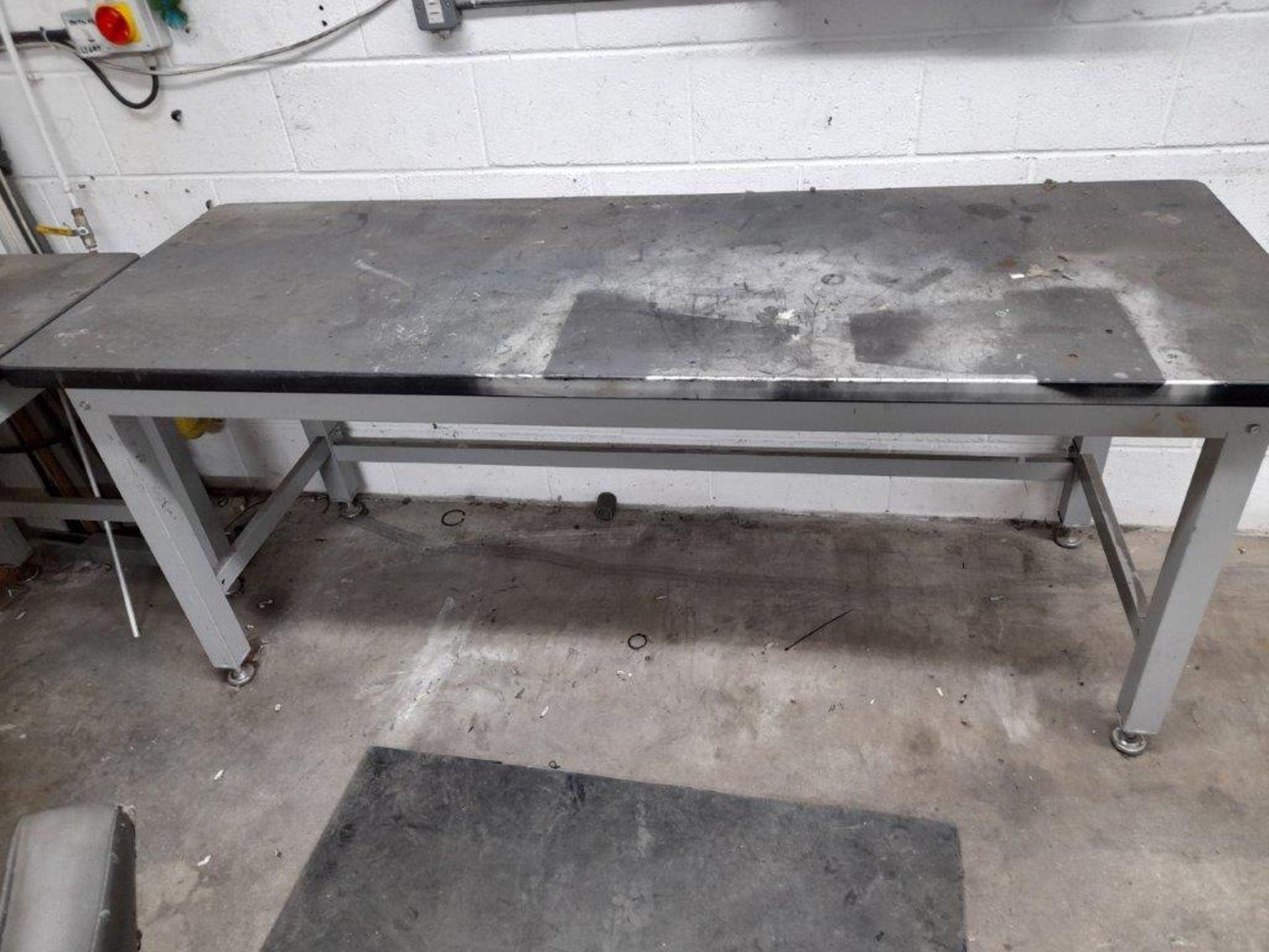 2 x steel framed work benches each 2100mm x 750mm and a side bench 1355 x 810mm - Image 3 of 4