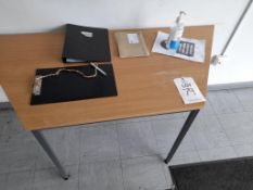 Trapezoidal office table, 2 blue tweed upholstered reception chairs and light oak veneered coffee