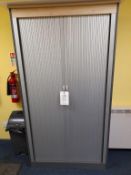 Grey melamine veneered double door side cupboard, black steel 4-drawer filing cabinet and grey/