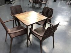 Six 700mm x 700mm laminated tables with twenty four brown metal & plastic elbow chairs