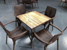 Six 700mm x 700mm laminated tables with twenty four brown metal & plastic elbow chairs