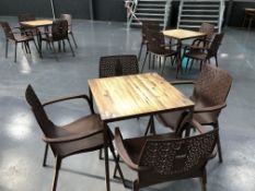 Twelve 700mm x 700mm laminated tables with forty eight brown metal & plastic elbow chairs