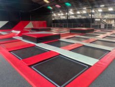 The open bounce zone with approximately 39 various trampolines approximately 17 m long by 13 m
