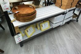 Steel frame bench, with timber top shelf and storage crate