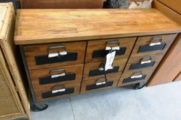 Steel frame/timber topped 9 drawer mobile sideboard unit