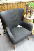 Cloth upholstered/timber leg, high back armchair, colour: grey