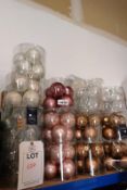 Contents of shelf to include; 21 tubs of Christmas glass baubles (Green, Pink and clear)