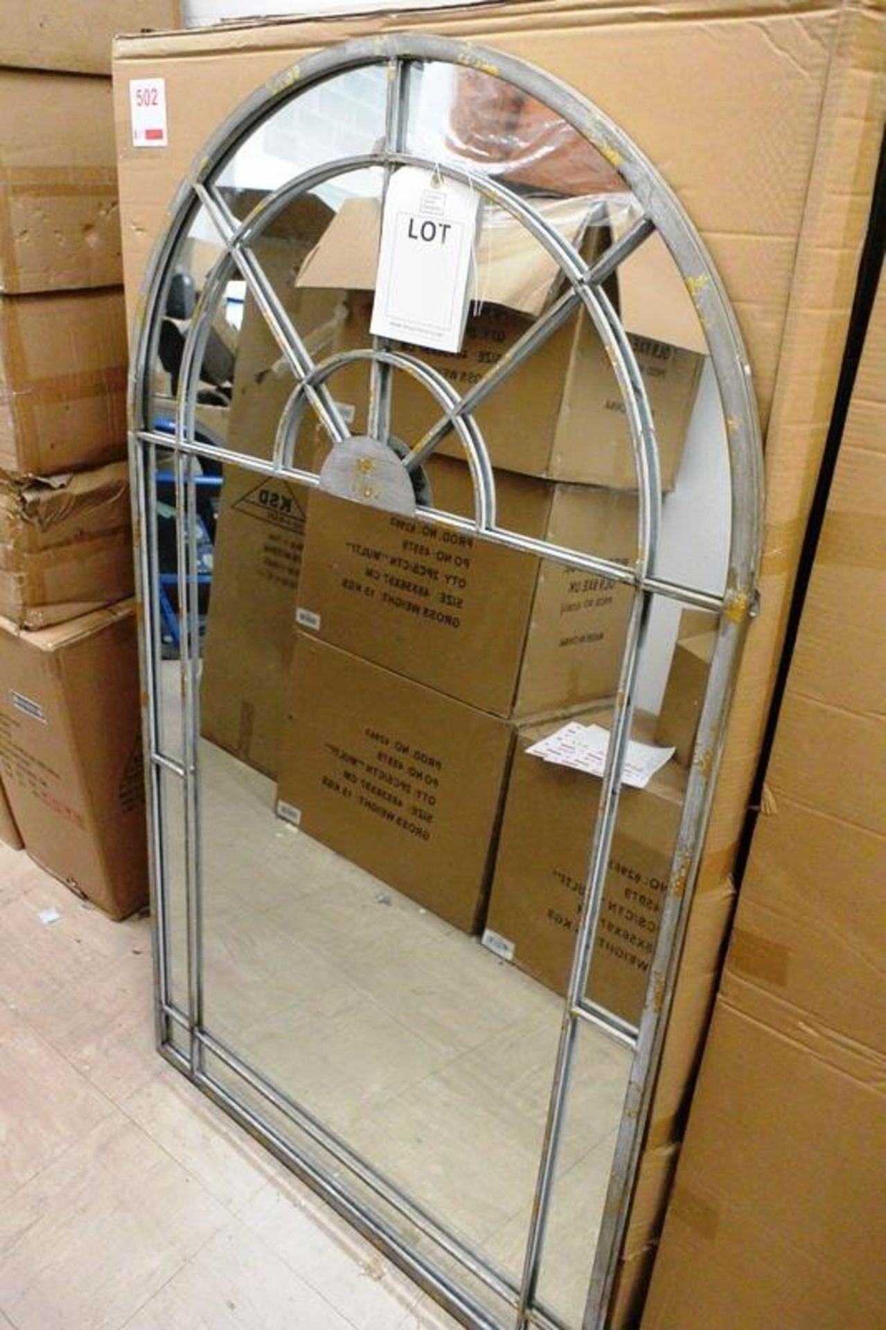 Iron framed, arched wall mountable mirror, colour Grey/Gold, approx 1600 x 900mm (boxed and unopen),