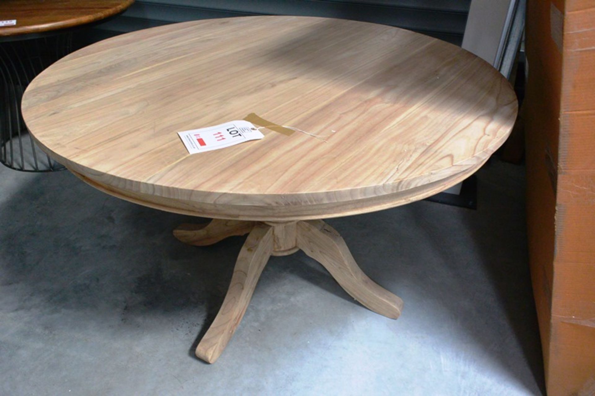 Round wooden table, 131cm diameter, 78cm high (please note: this lot is located at Unit 4, Summers F