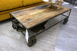 Steel frame timber topped mobile coffee table