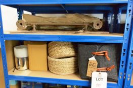 Contents of three shelves to include; picture frames, metal tube, glass pots, reed baskets, timber s