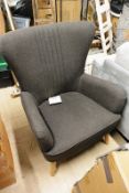 Cloth upholstered/timber leg, high back armchair, colour: grey