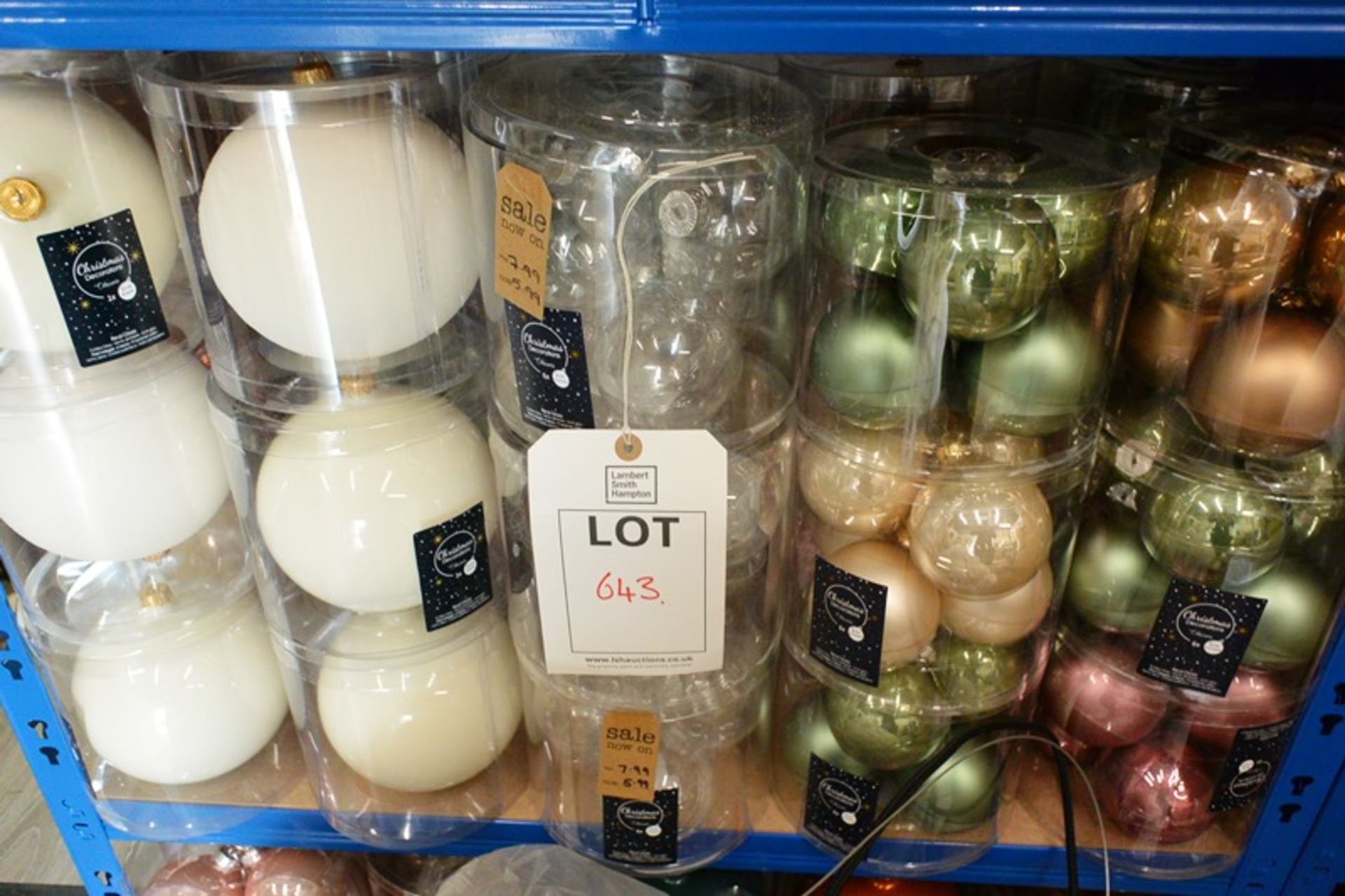 Shelf to include; 30 tubs of medium 8cm, large 15cm glass baubles (white, Green, clear, Gold, Blue,