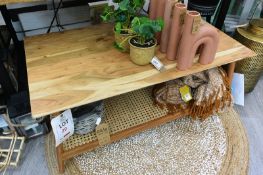 Timber rectangular coffee table with fret work shelf