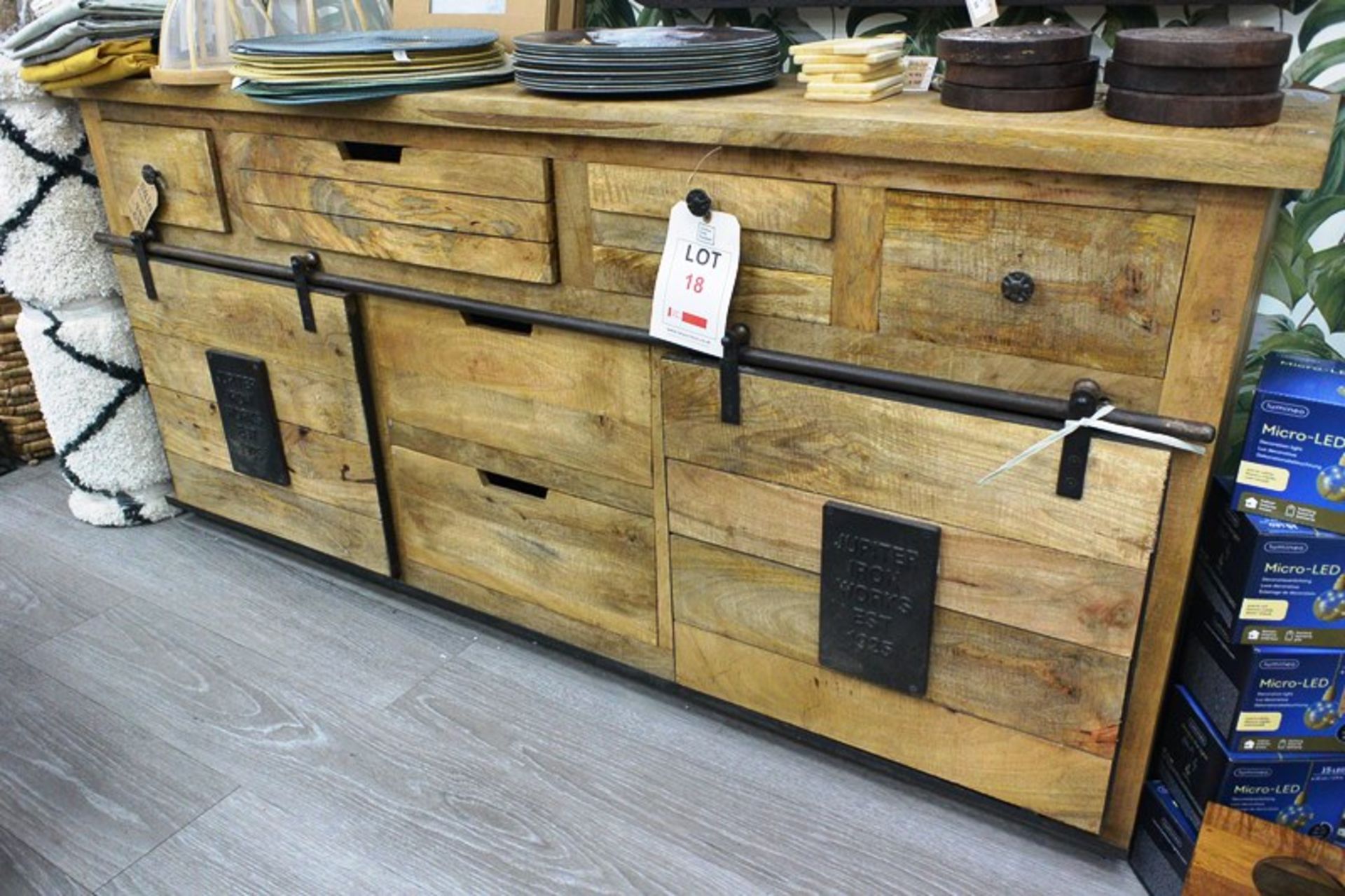 Timber framed sideboard, 6 drawer/2 sliding door