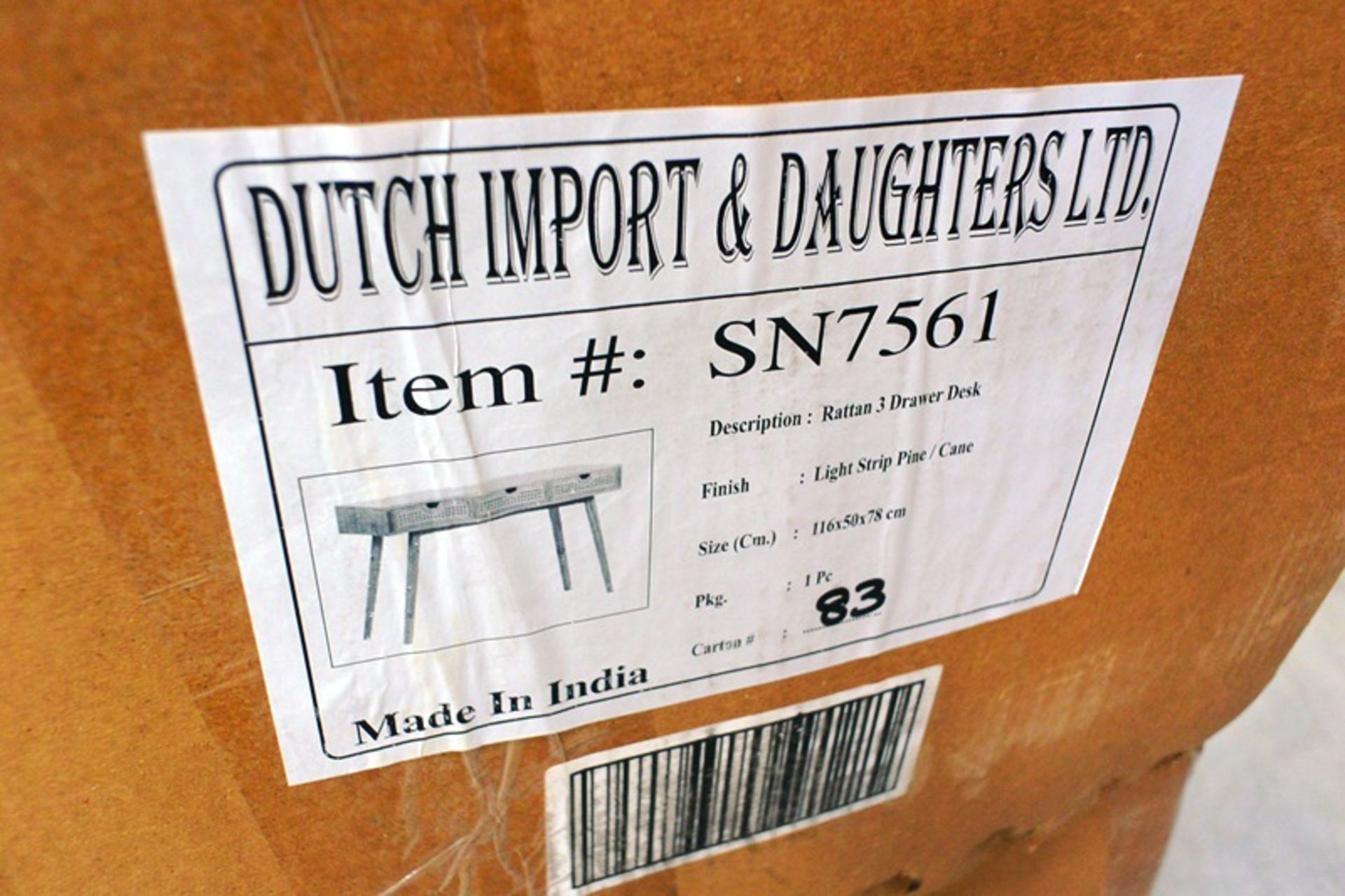 Dutch Import and Daughters Ltd rattan 3 drawer desk, finish: light strip pine/cane - Image 2 of 3